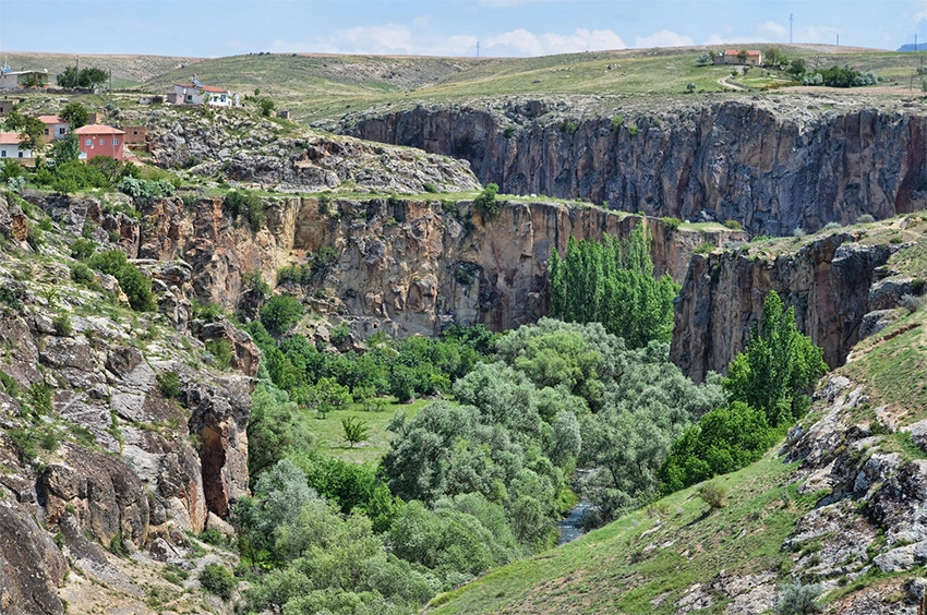 Panoramic view of Belisırma village and Melendiz River in Ihlara Valley