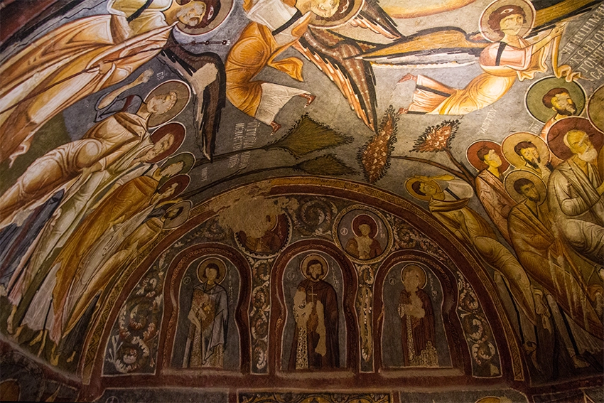 Dark Church interior frescoes of Christ Pantocrator and biblical scenes