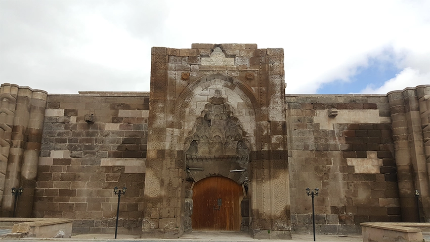 Seljuk caravanserai overview with stone architecture in Cappadocia