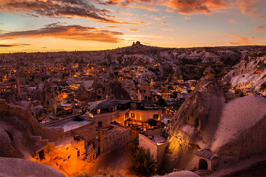 Göreme sunset and village charm with fairy chimneys