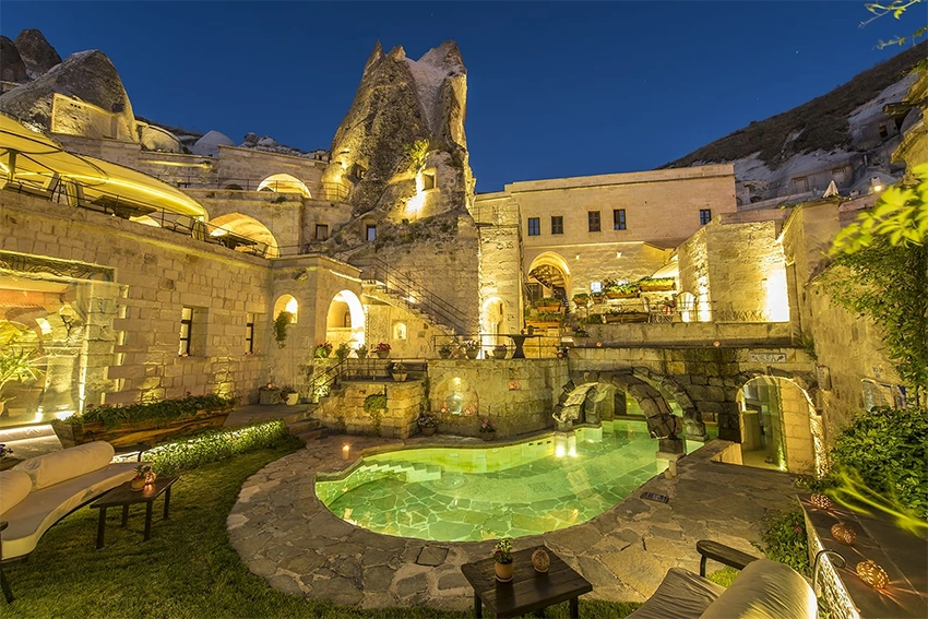 Cappadocia cave hotels and local food collage with valley view